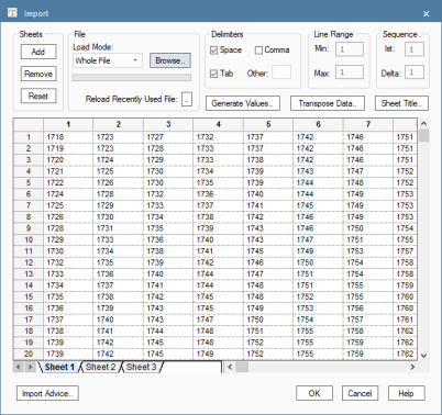 Data Import dialog